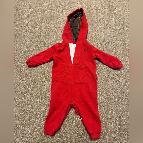 Ralph Lauren Baby Boy Red Hooded One-Piece Sweatshirt Material Longall - Picture 1 of 4